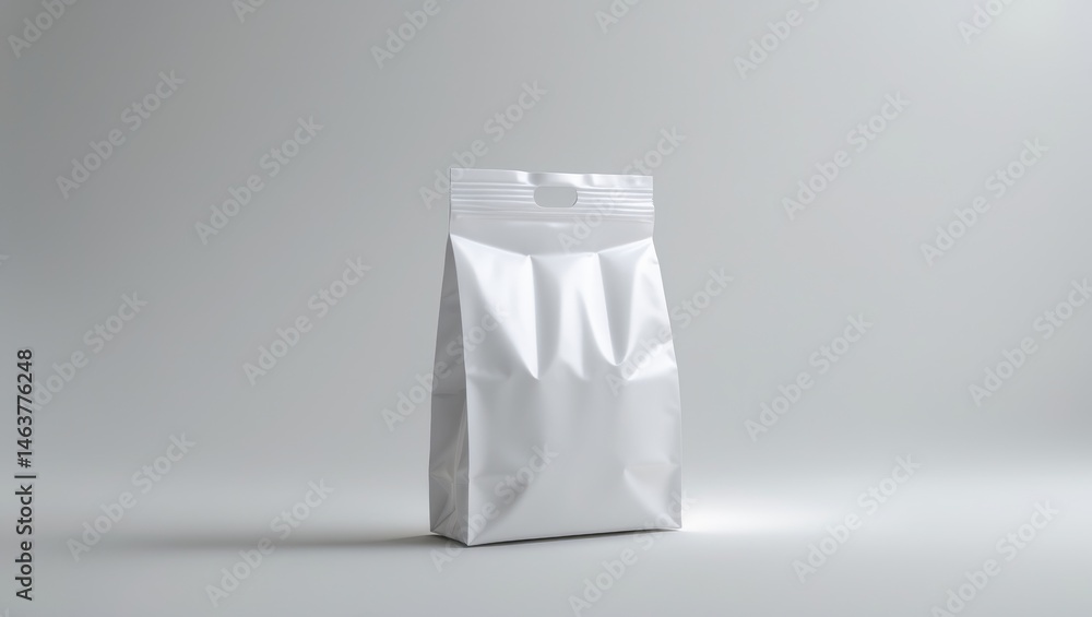 Mockup of white foil snack bag in blank paper pillow style, isolated background, front view, with packaging template and clipping path. Mockup of white foil snack bag in blank paper pillow style, isolated background, front view, with packaging template and clipping path.