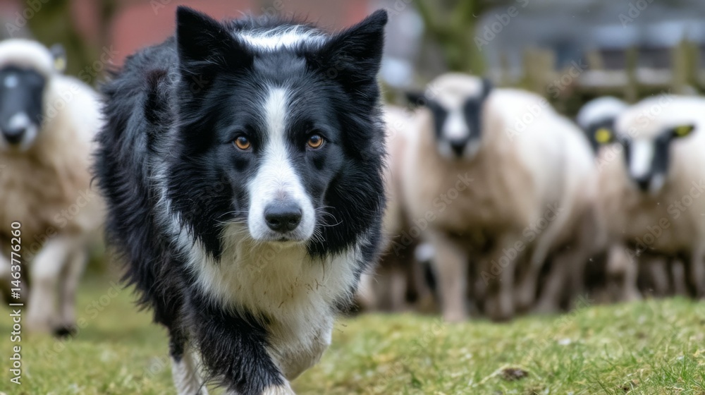Fototapeta premium Focused Border Collie Herding Sheep on a Pastoral Farm in Springtime Green Grass Under Natural Soft Light
