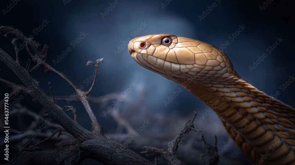 Obraz premium Close-up of a beautiful snake head with intricate scales, showcasing its elongated body and watchful eyes in a dark environment