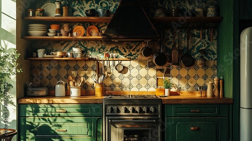 Timeless vintage kitchen with old-fashioned utensils and tiles.