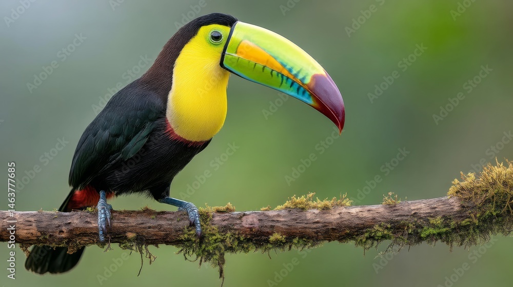 Fototapeta premium Vibrant toucan perched on a branch showcasing brilliant colors against a blurred green background in a tropical setting