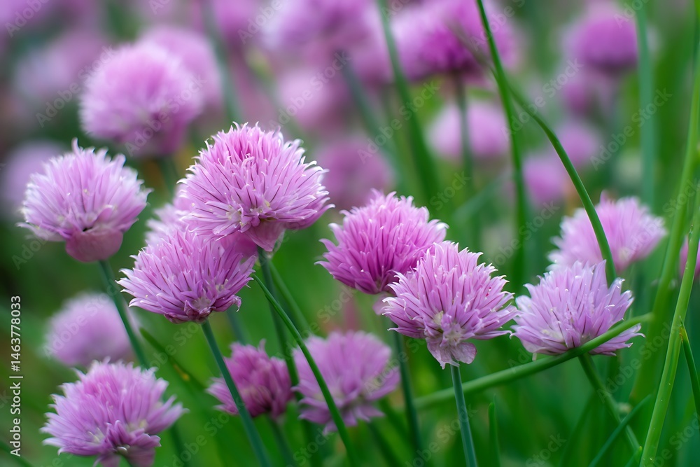 Closeup of Delicate Light Purple Chive Blossoms in a Lush Green Field Closeup of Delicate Light Purple Chive Blossoms in a Lush Green Field