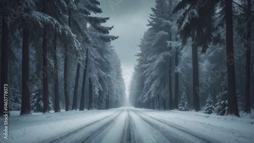 Scenic landscape of winter wonderland with snow-covered trees and road