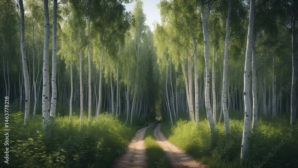 Obraz premium Bright summer scene in a rural landscape featuring birch trees along a woodland trail