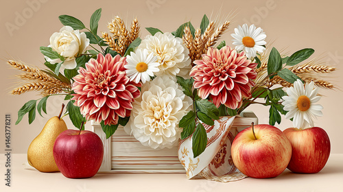 Colorful fruit and flower arrangement on a neutral background