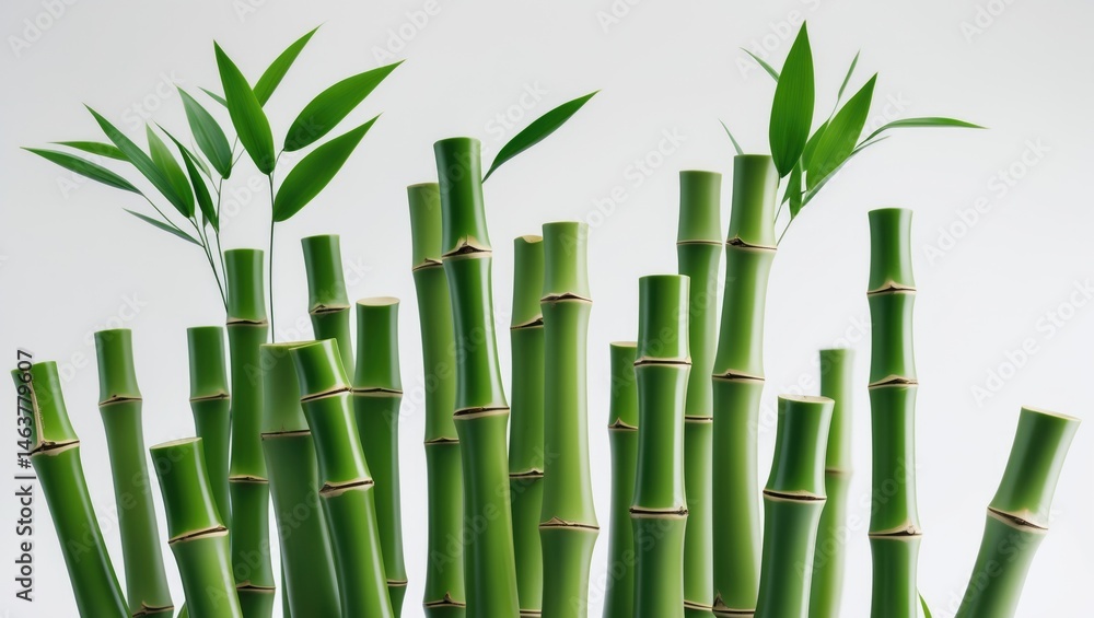 Fototapeta premium Green bamboo with leaves isolated on background, captured with full depth of field