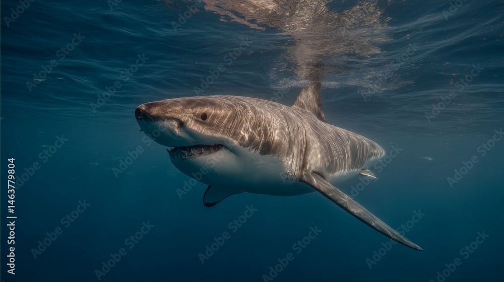Naklejka premium Majestic Great White Shark Swimming Gracefully Underwater in Clear Blue Ocean Waters