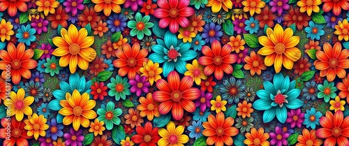 Vibrant digital painting of densely packed, repeating floral motifs forming a seamless background, illustration, surface