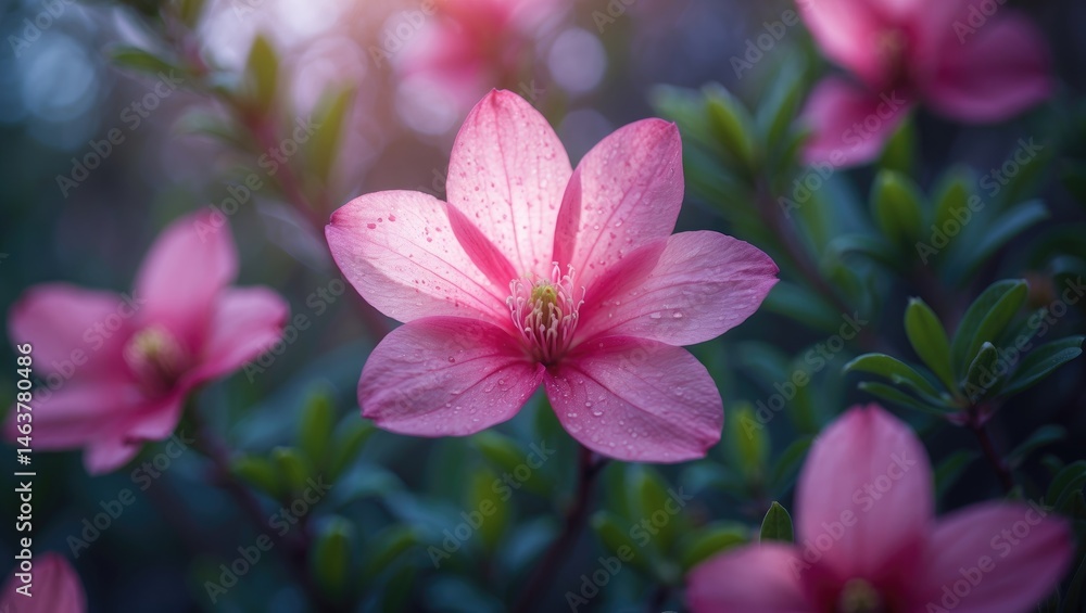 Fototapeta premium Vibrant pink floral display in garden shrubs
