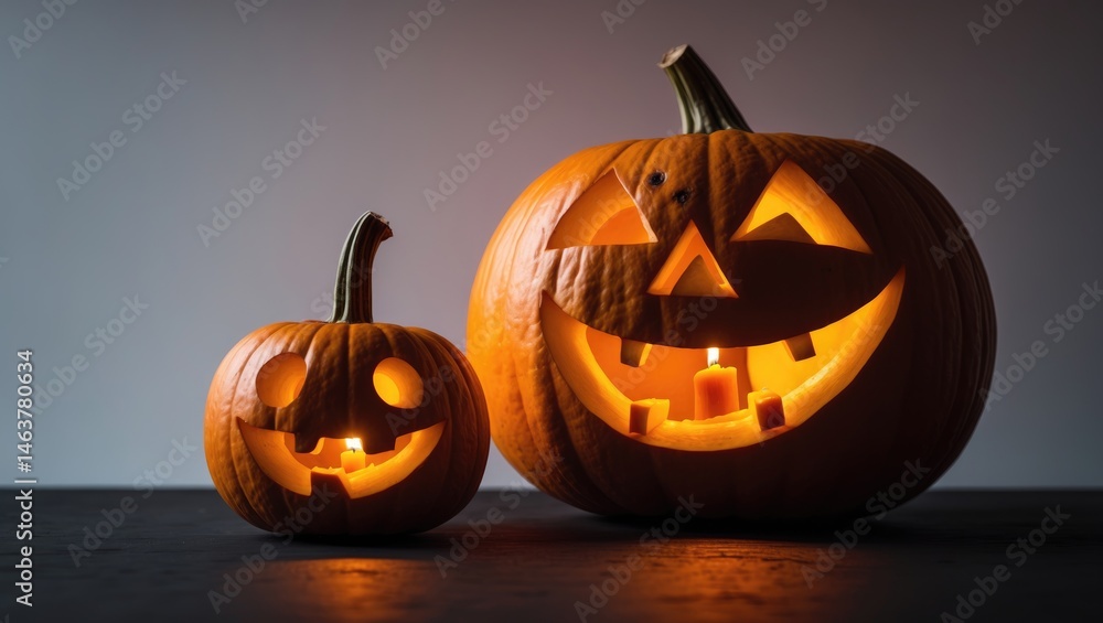 Pair of funny orange pumpkins with candles on a black backdrop for Halloween Pair of funny orange pumpkins with candles on a black backdrop for Halloween