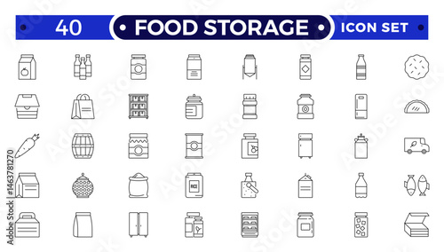 Food storage outline icon set .Groceries Icon Set. Fresh Produce, Dairy, Snacks, Meats, Condiments, Beverages, Baby Food, Household Items.