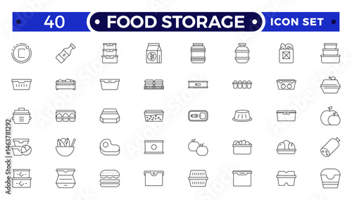 Food storage outline icon set .Groceries Icon Set. Fresh Produce, Dairy, Snacks, Meats, Condiments, Beverages, Baby Food, Household Items.