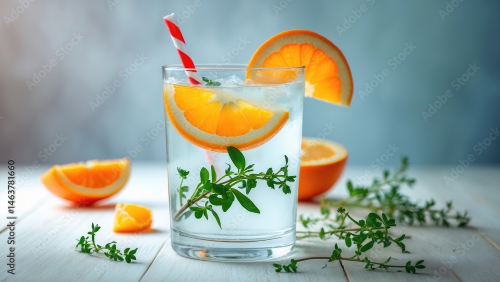 Fototapeta premium Infused water with citrus in a drinking glass for detox and healthy diet, professional photograph