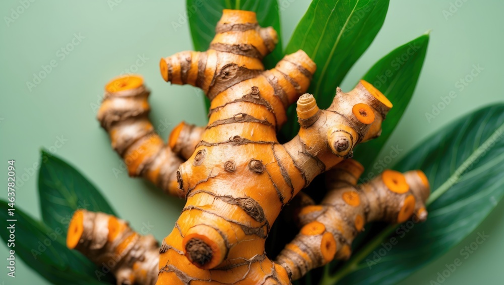 Naklejka premium Fresh turmeric roots with plant and leaf details in a natural setting