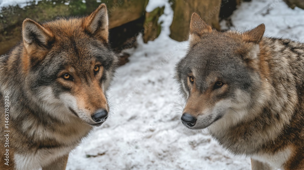 Fototapeta premium Two majestic wolves with captivating gaze in a snowy landscape, showcasing their beautiful fur and natural behavior in the wilderness