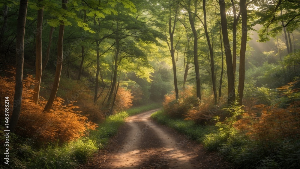 Fototapeta premium Calm forest walk bathed in soft sunlight