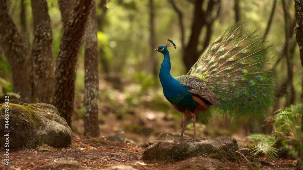 Majestic peacock displaying vibrant feathers in lush green forest, showcasing beauty of nature and wildlife in tranquil setting Majestic peacock displaying vibrant feathers in lush green forest, showcasing beauty of nature and wildlife in tranquil setting