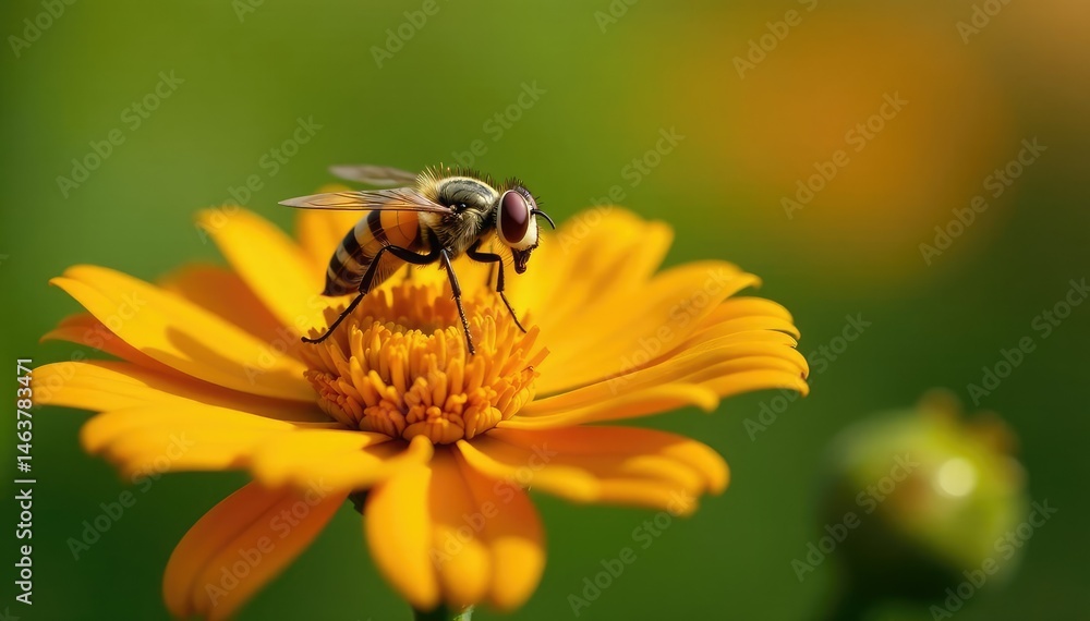 Large fuzzy hoverfly resting on a single bright orange flower, nature, flowers Large fuzzy hoverfly resting on a single bright orange flower, nature, flowers