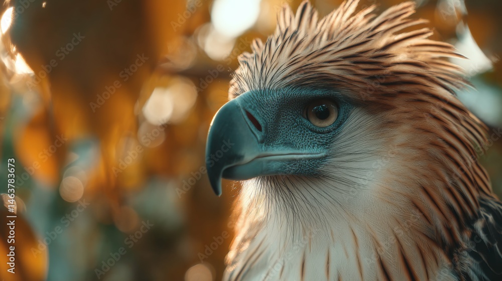 Fototapeta premium Majestic eagle perched among vibrant foliage, showcasing striking feathers and intense gaze in a natural setting