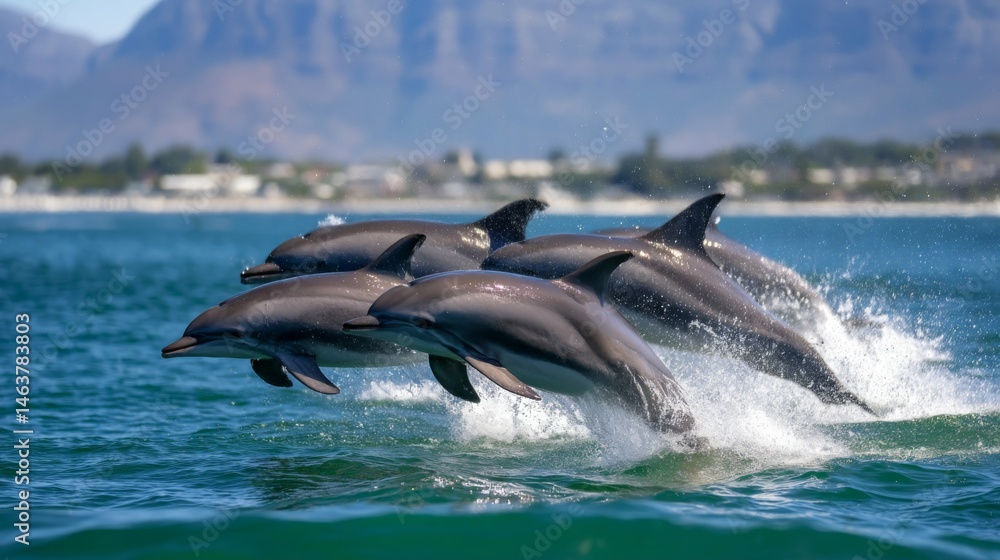 Fototapeta premium Playful Dolphins Leaping Above Vibrant Ocean Waters with Scenic Mountains in Background
