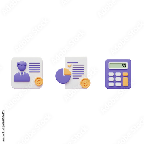 Set of 3 d business finance icons isolated on black background
