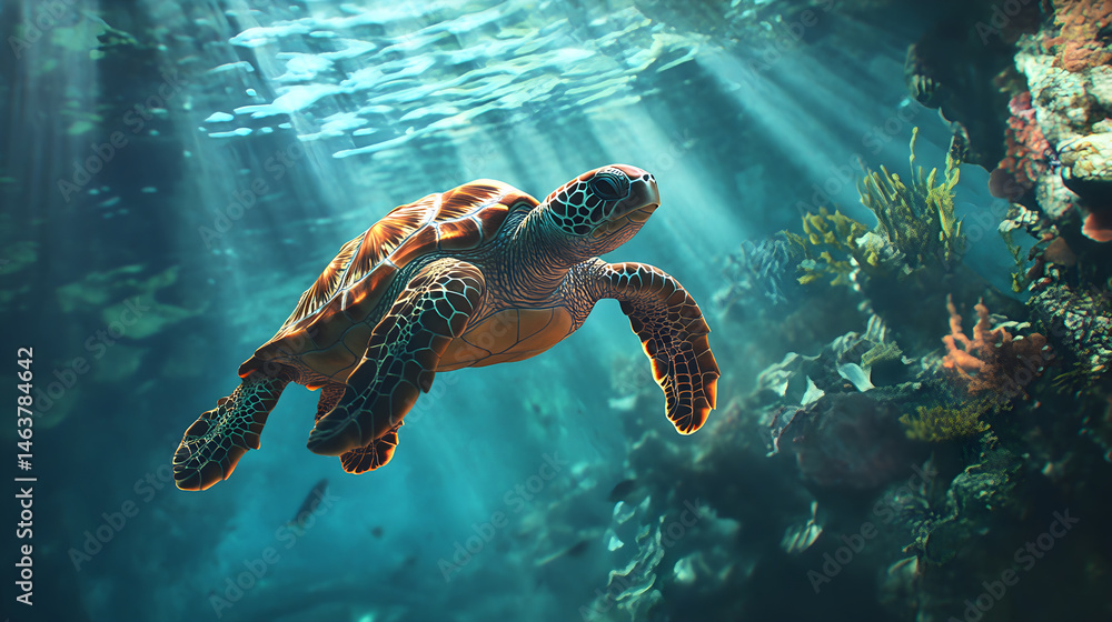 Majestic Sea Turtle in Pristine Ocean Waters Amidst Vibrant Coral Reefs Captured Underwater