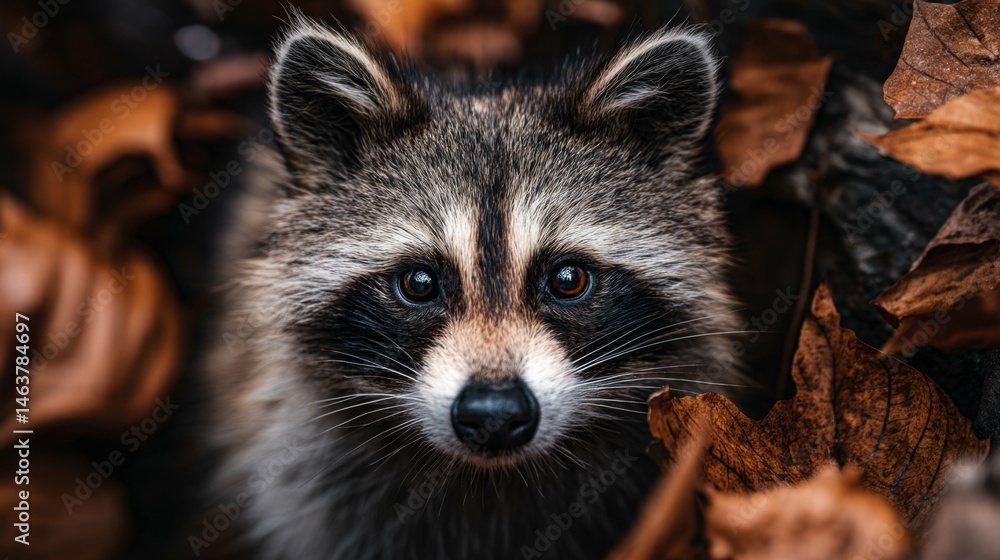Obraz premium Close-up of a raccoon surrounded by autumn leaves in a natural setting, showcasing its curious expression and beautiful fur texture