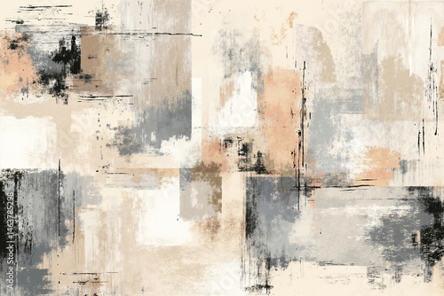A beige and black abstract painting with squares on a white background