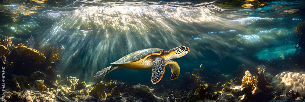 Majestic Sea Turtle in Pristine Ocean Waters Amidst Vibrant Coral Reefs Captured Underwater