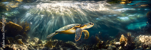 Obraz na płótnie Majestic Sea Turtle in Pristine Ocean Waters Amidst Vibrant Coral Reefs Captured Underwater w salonie