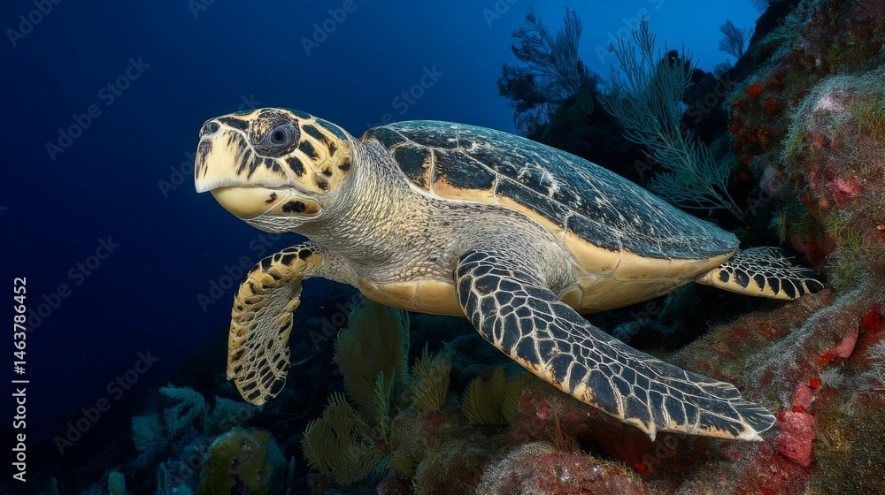 Fototapeta premium Graceful Turtle Swimming Among Vibrant Coral Reefs in Clear Blue Underwater Environment, A True Ocean Gem