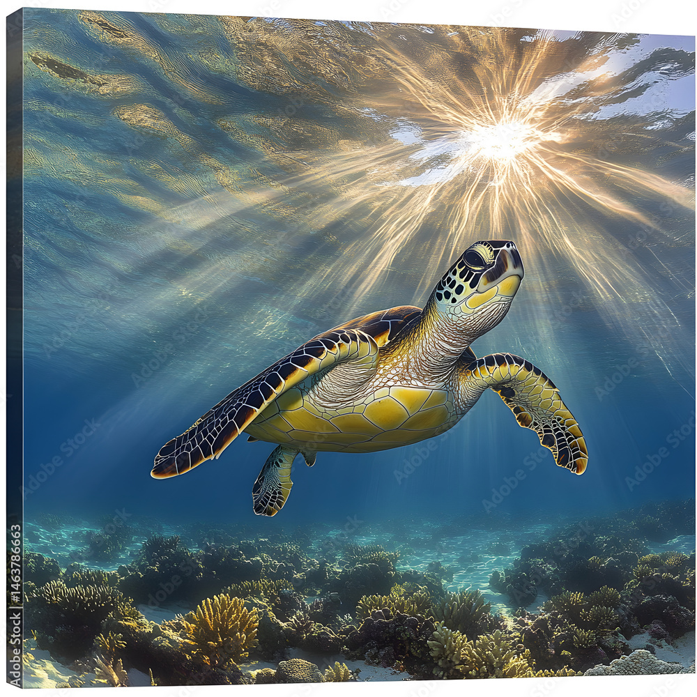 Majestic Sea Turtle in Pristine Ocean Waters Amidst Vibrant Coral Reefs Captured Underwater
