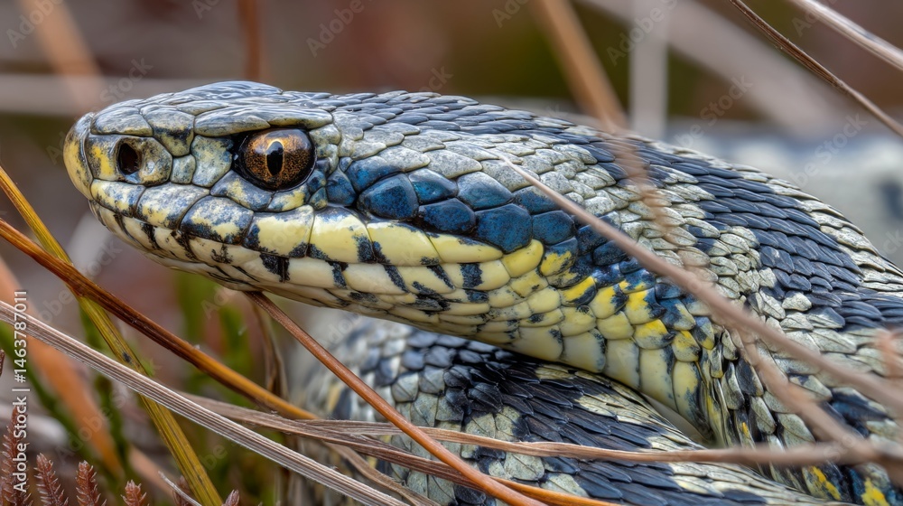 Obraz premium Close-up of a Colorful Snake Blending into Natural Habitat with Intricate Scales and Piercing Eyes in a Lush Environment
