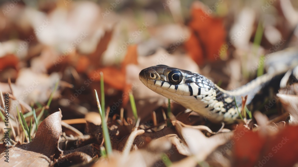 Obraz premium Close-Up View of Snake Among Autumn Leaves with Bright Eyes and Unique Patterns in Natural Habitat
