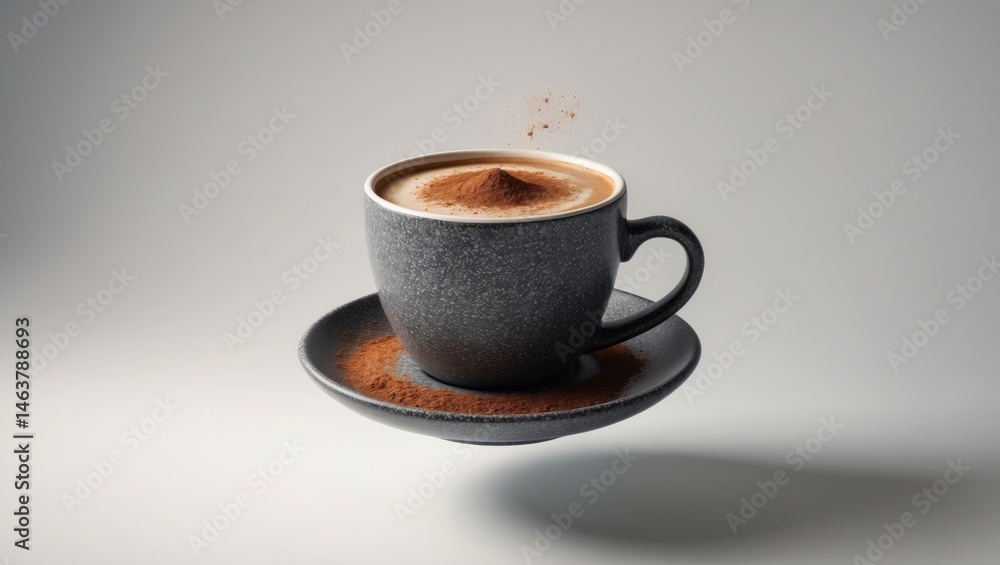 Isolated espresso mug with cinnamon sprinkle and flying foam on dark granite surface Isolated espresso mug with cinnamon sprinkle and flying foam on dark granite surface
