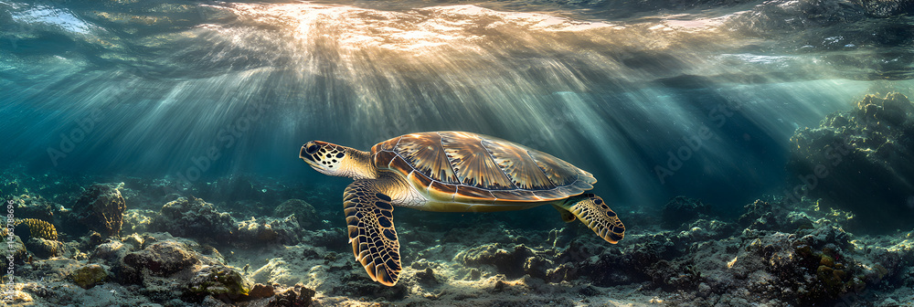 Majestic Sea Turtle in Pristine Ocean Waters Amidst Vibrant Coral Reefs Captured Underwater