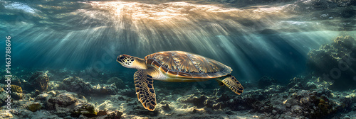 Majestic Sea Turtle in Pristine Ocean Waters Amidst Vibrant Coral Reefs Captured Underwater