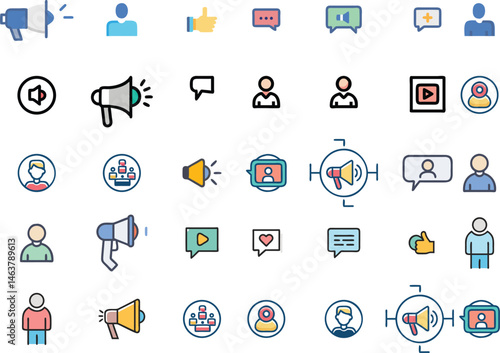 Colorful Communication and Marketing Icons. Media, Chat, Promotion, Speaker Pack