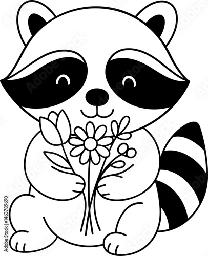 Cute raccoon holding flowers, expressing joy and playfulness in whimsical design