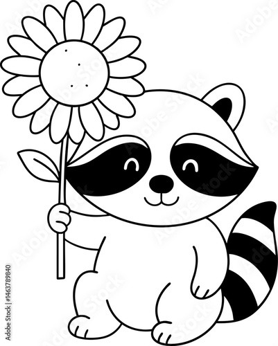 Cute raccoon holding sunflower, radiating joy and playfulness