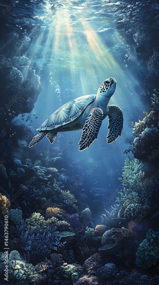 Majestic Sea Turtle in Pristine Ocean Waters Amidst Vibrant Coral Reefs Captured Underwater