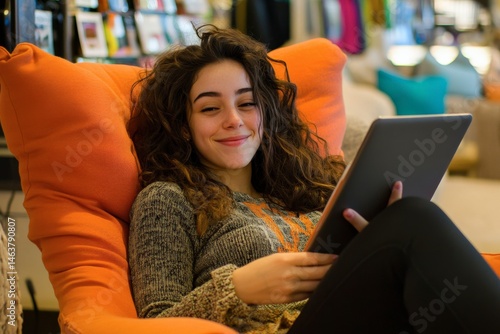 Young woman relaxing with a tablet on an orange chair.
