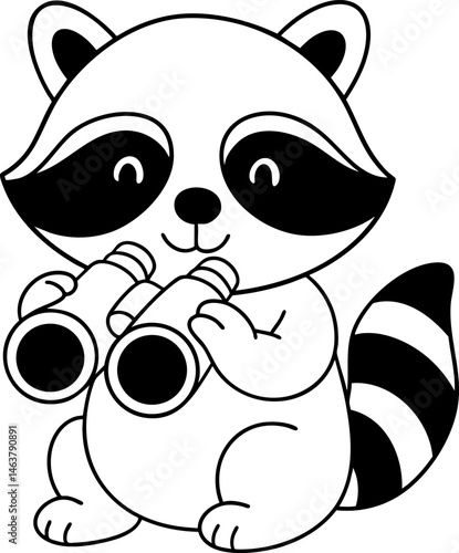 Cute raccoon holding binoculars, exploring nature with curiosity and joy