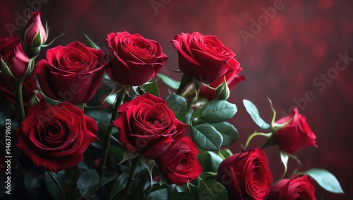 Fototapeta Naklejka Na Ścianę i Meble -  Detailed view of red roses and green foliage set against a matching background, ideal for wedding and love-themed design