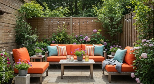 Outdoor patio seating area with orange cushions and flowers