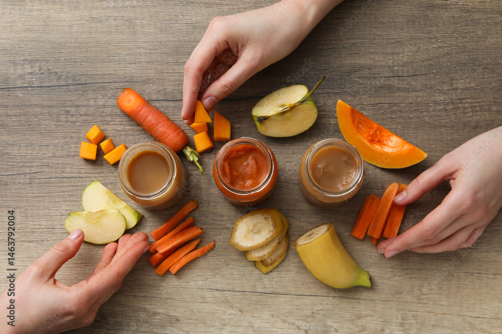 Children's vegetable and fruit puree, on a light background.