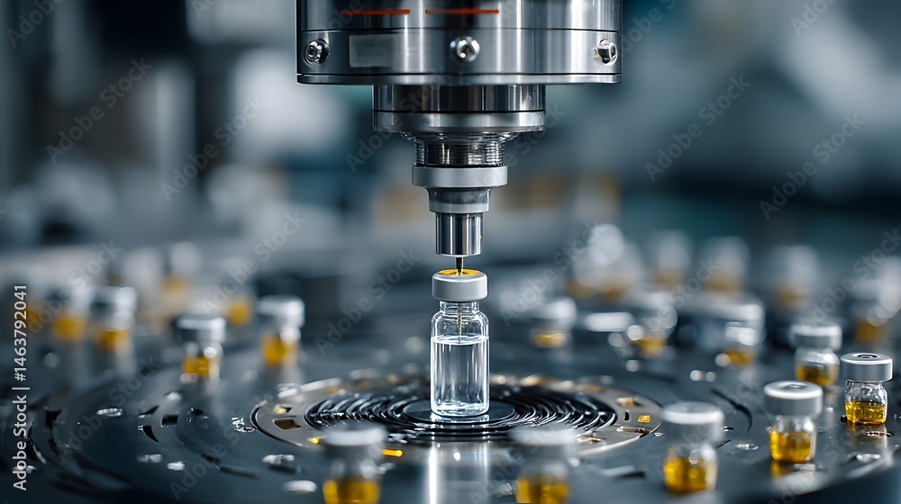 A high-precision robotic arm precisely fills a glass vial with pharmaceutical liquid in a sterile manufactu facility. A high-precision robotic arm precisely fills a glass vial with pharmaceutical liquid in a sterile manufactu facility.
