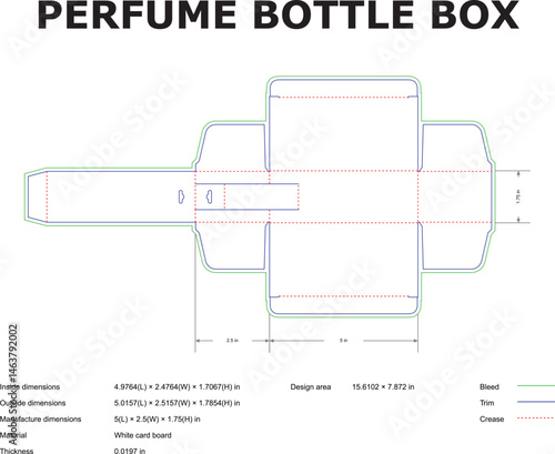 Detailed vector diagram illustrating perfume box packaging template design with dimensions and measurements