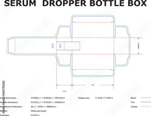 Technical blueprint schematic for a serum dropper bottle box packaging design dimensions and specifications