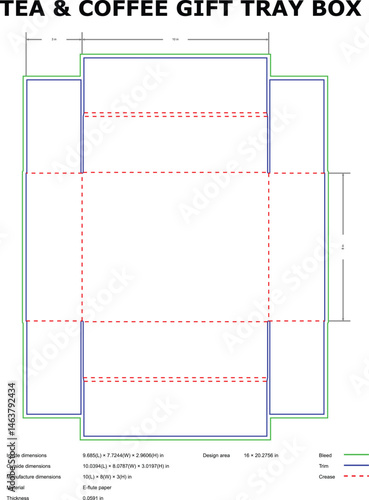 Detailed diagram of a tea and coffee gift tray box with dimensions for packaging
